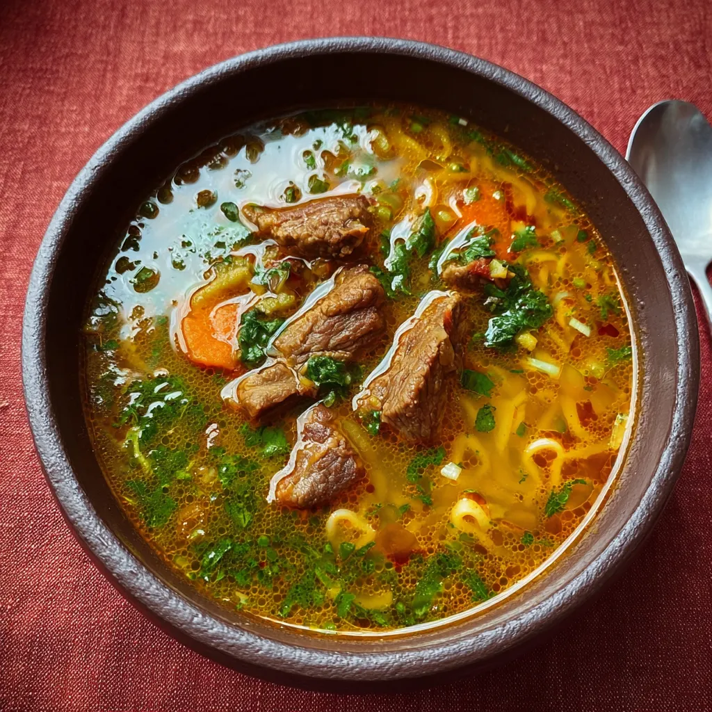 Um prato de sopa com carne e verduras.