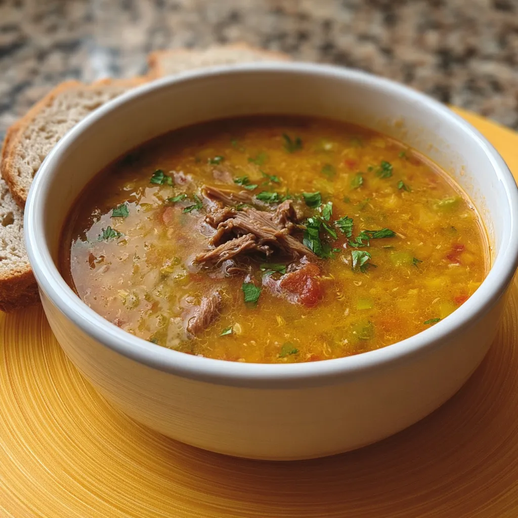 Um prato de sopa com carne e verduras.