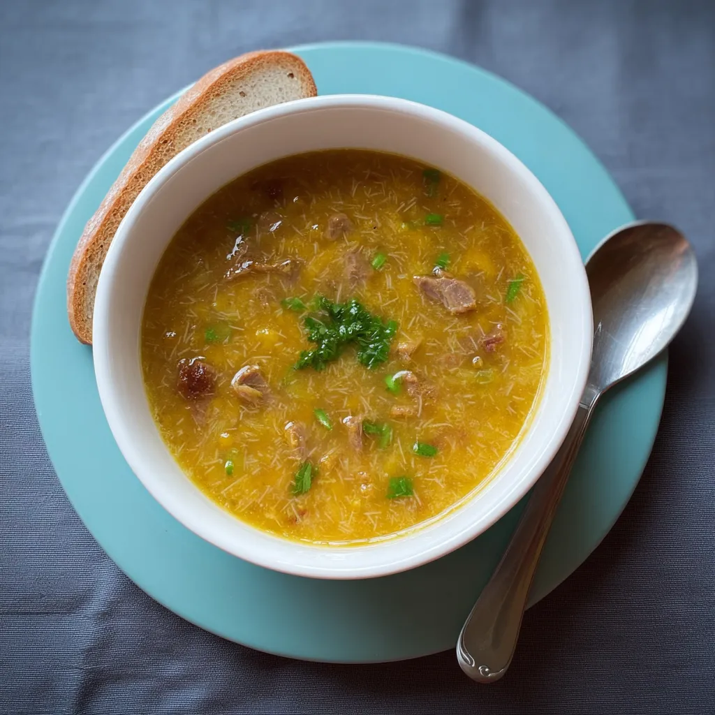 Um prato de sopa com pão e ervas.