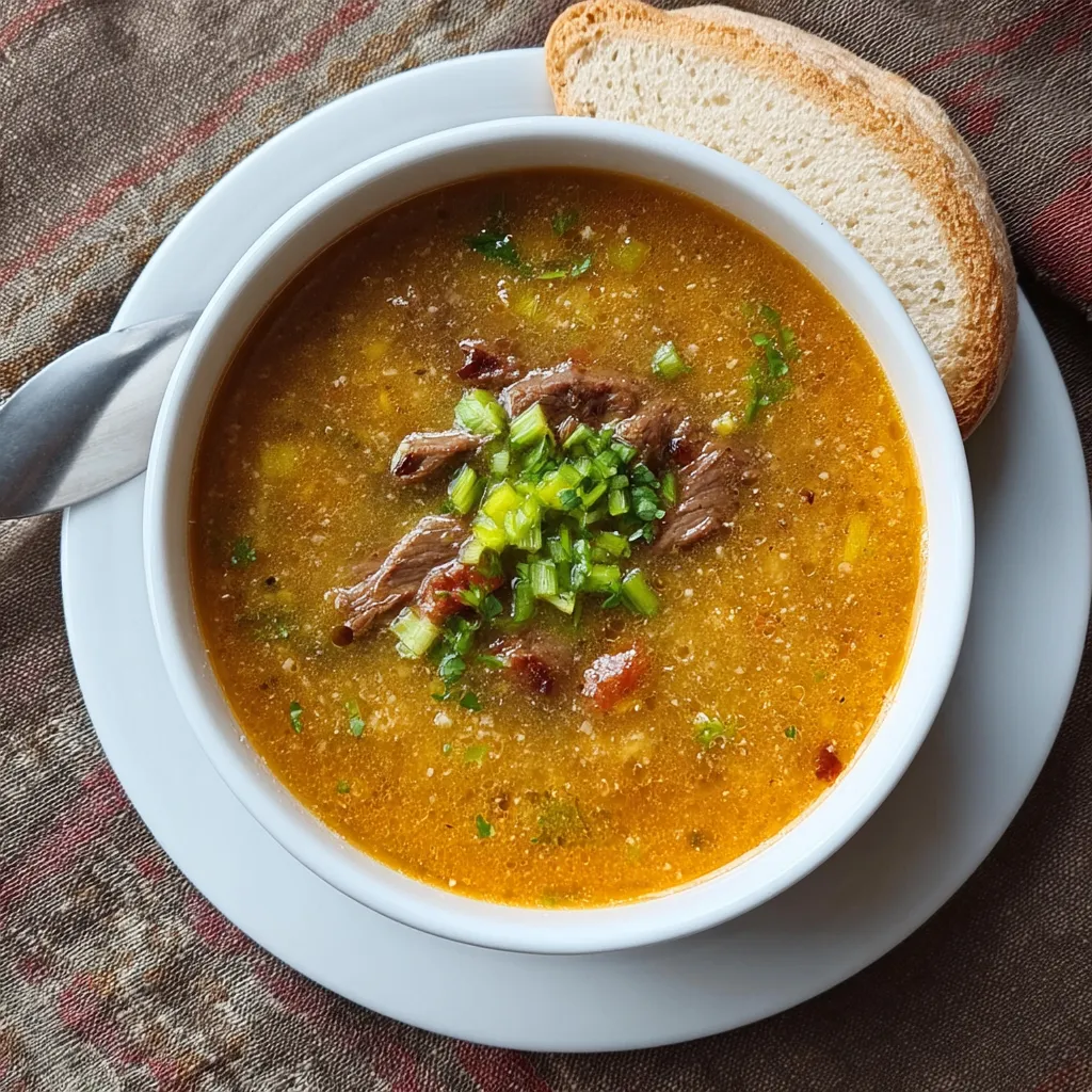 Um prato de sopa com carne e verduras.
