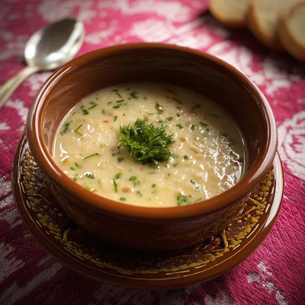 Um prato de sopa com uma colher de sopa no fundo.