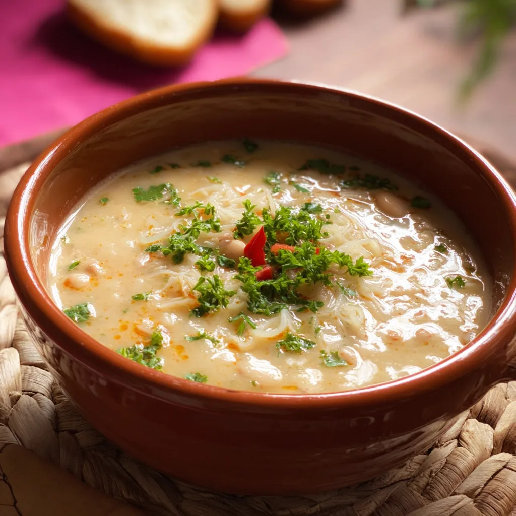 Um prato de sopa com ervas e carne.