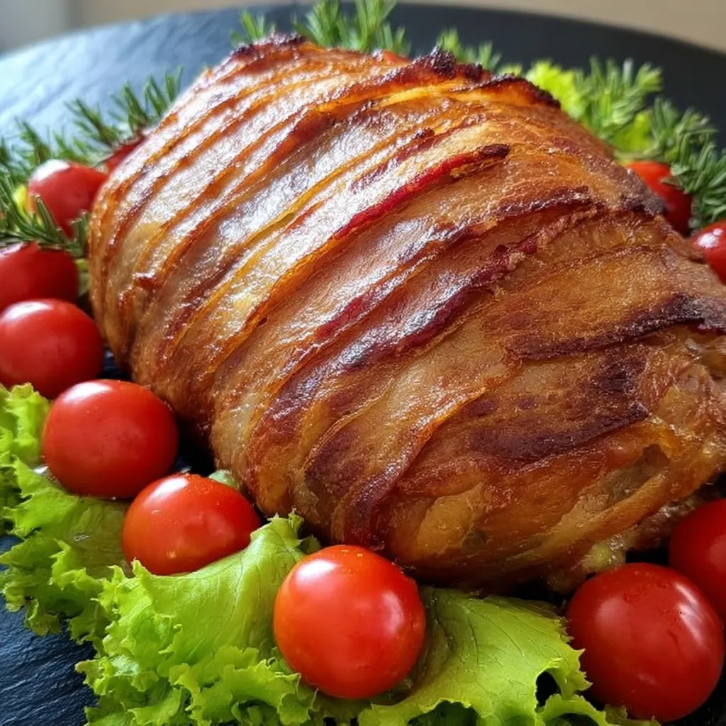 Carne assada com bacon e tomate.