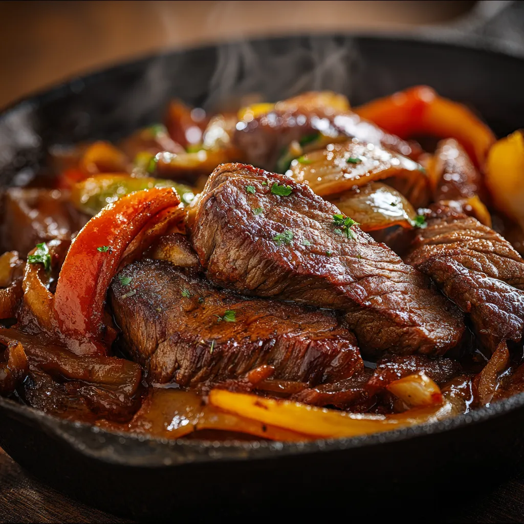 Carne assada em um prato com peixe, cebola, tomate e alho.
