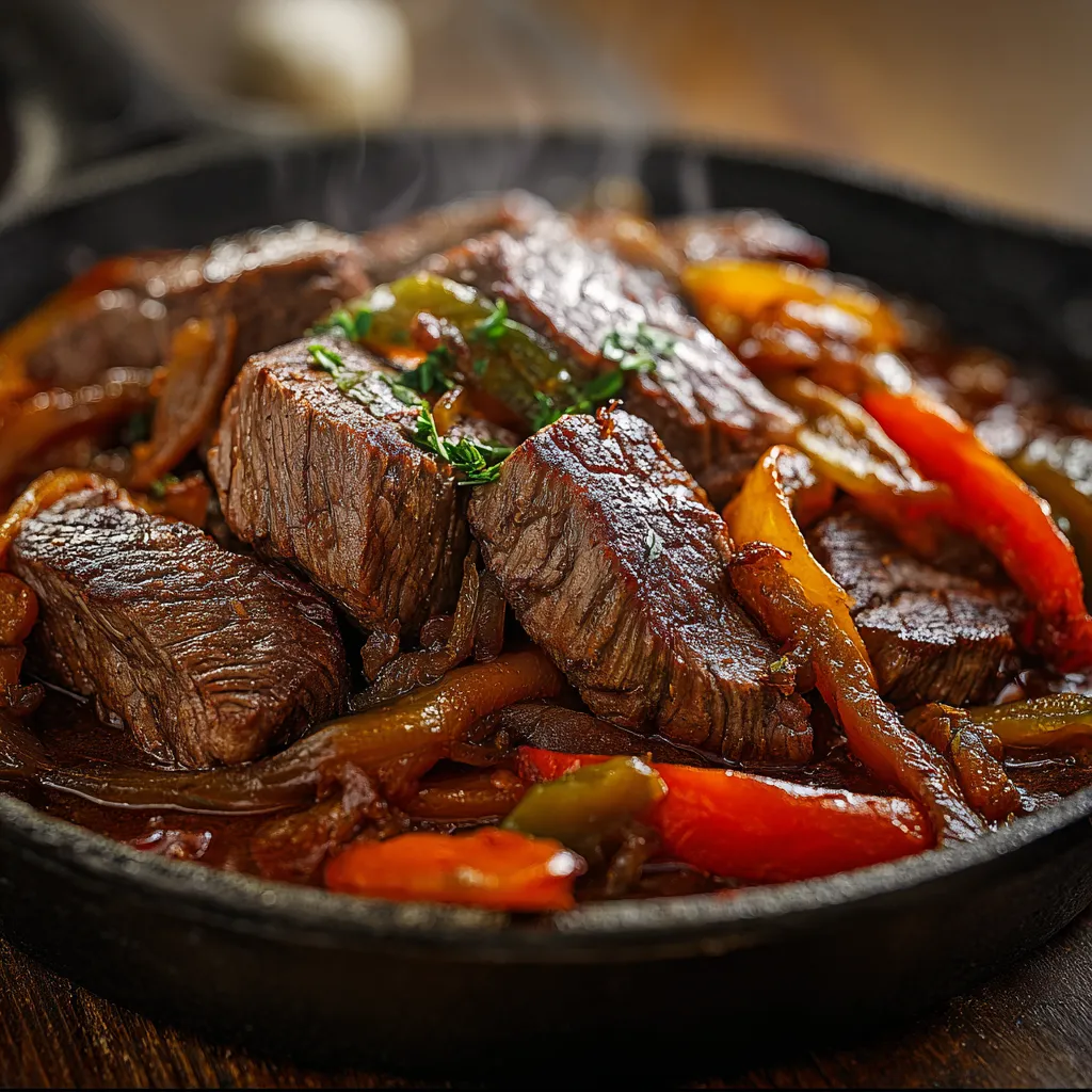 Carne assada em um prato com peppers e cebola.
