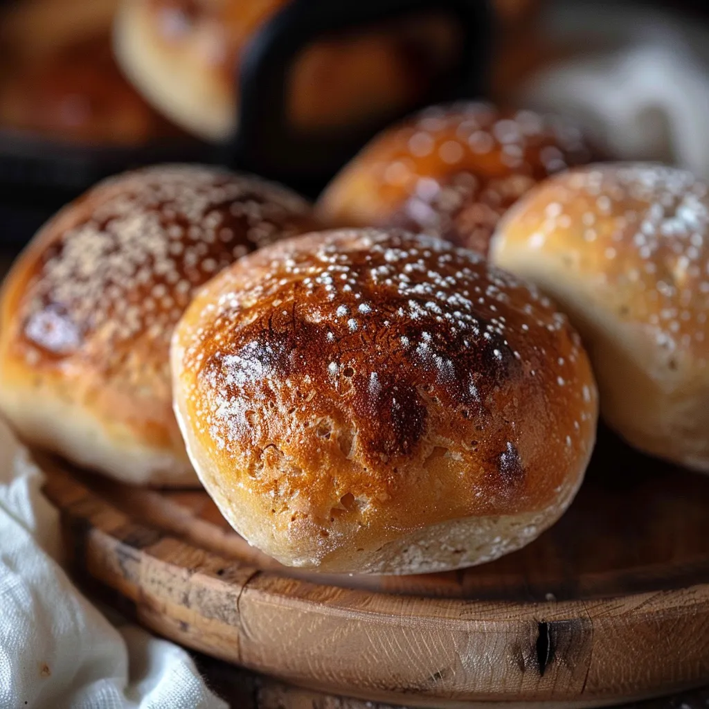 Quatro bolos de pão com granulado em cima.