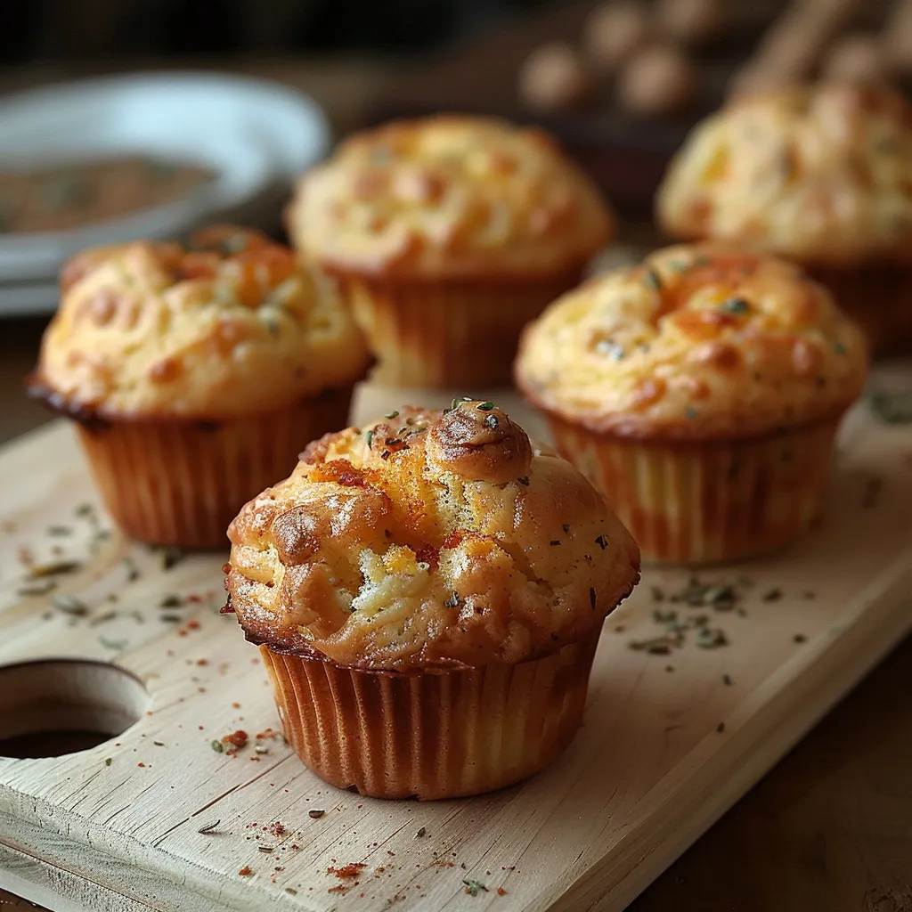 Quatro mini-muffins com queijo e cebola.