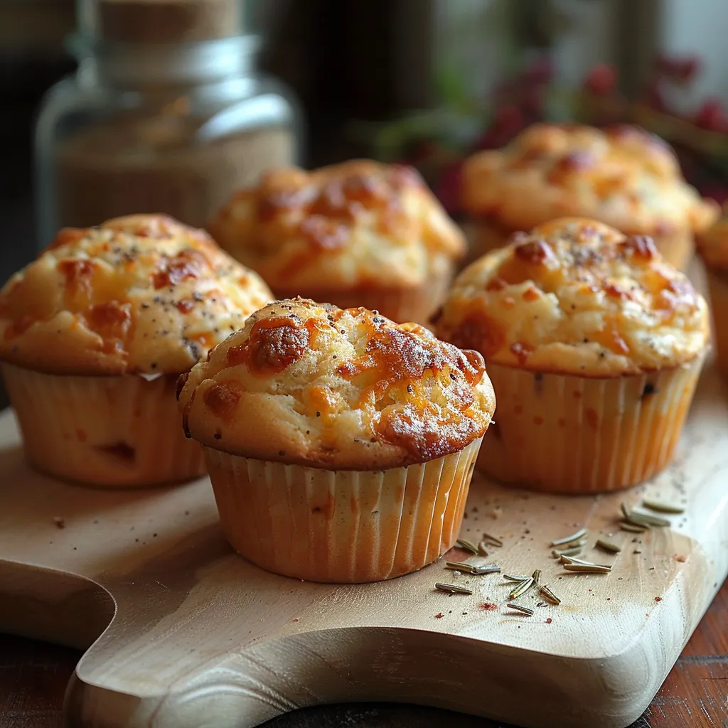 Muffins com queijo e cebola em uma tabela.