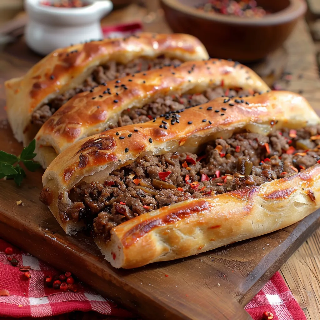 Quatro peças de pão de alho com carne picada.