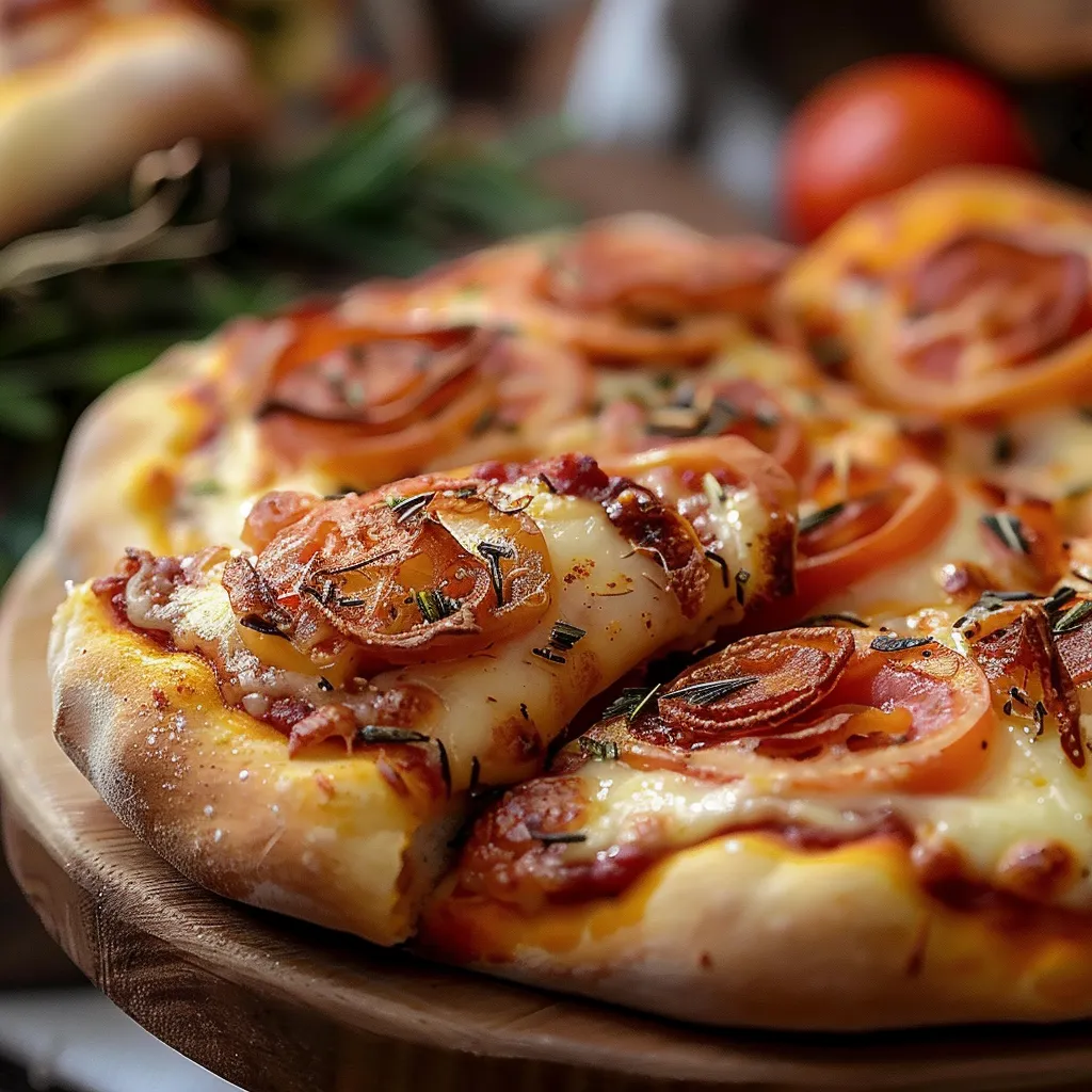 Pizza com tomate e cebola.