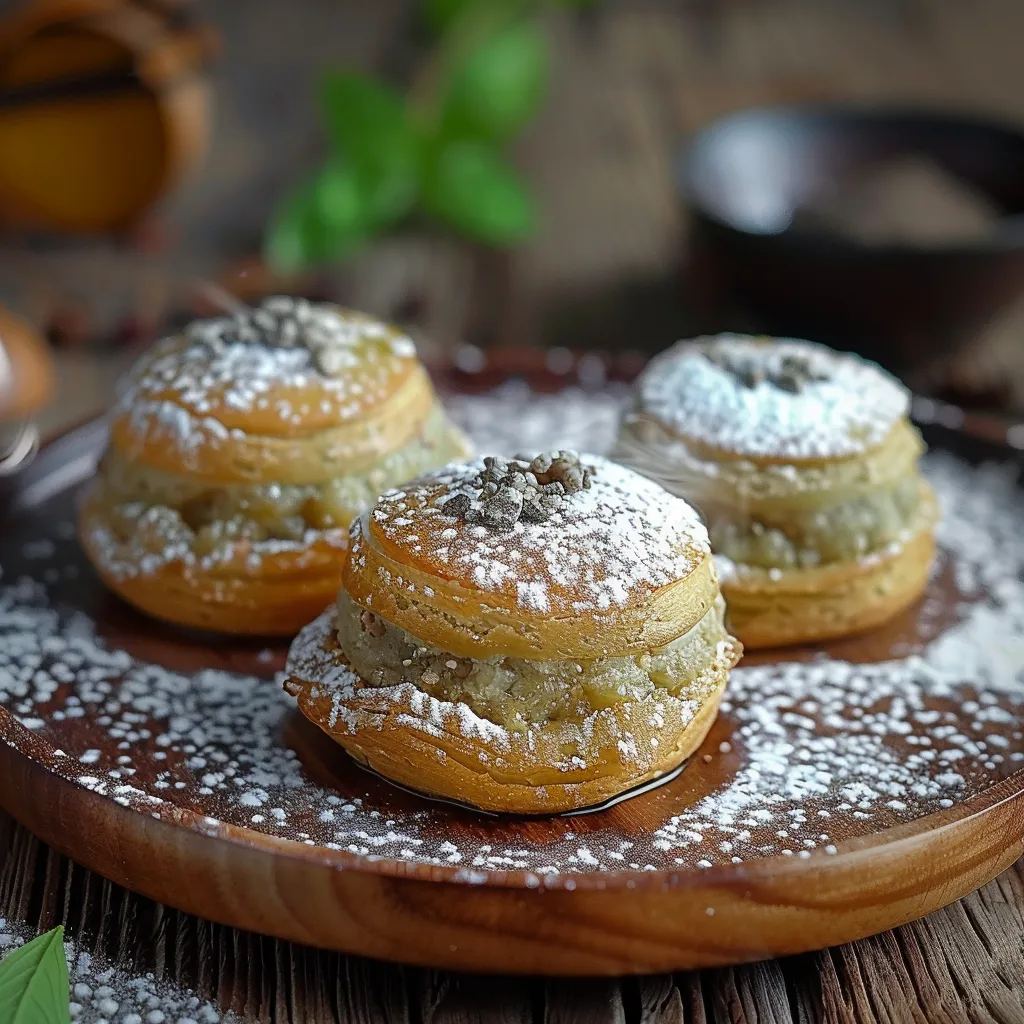 Três bolos de pastel com granulado de chocolate e manteiga.