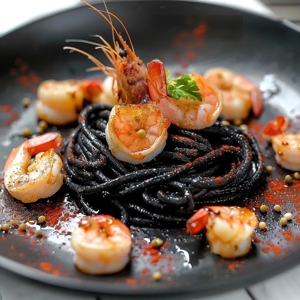 Plate with shrimp, black noodles and sauce.