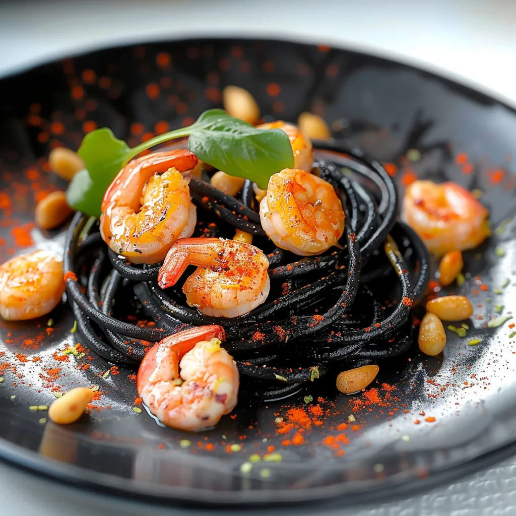 Plate with shrimp, pasta, and greens.