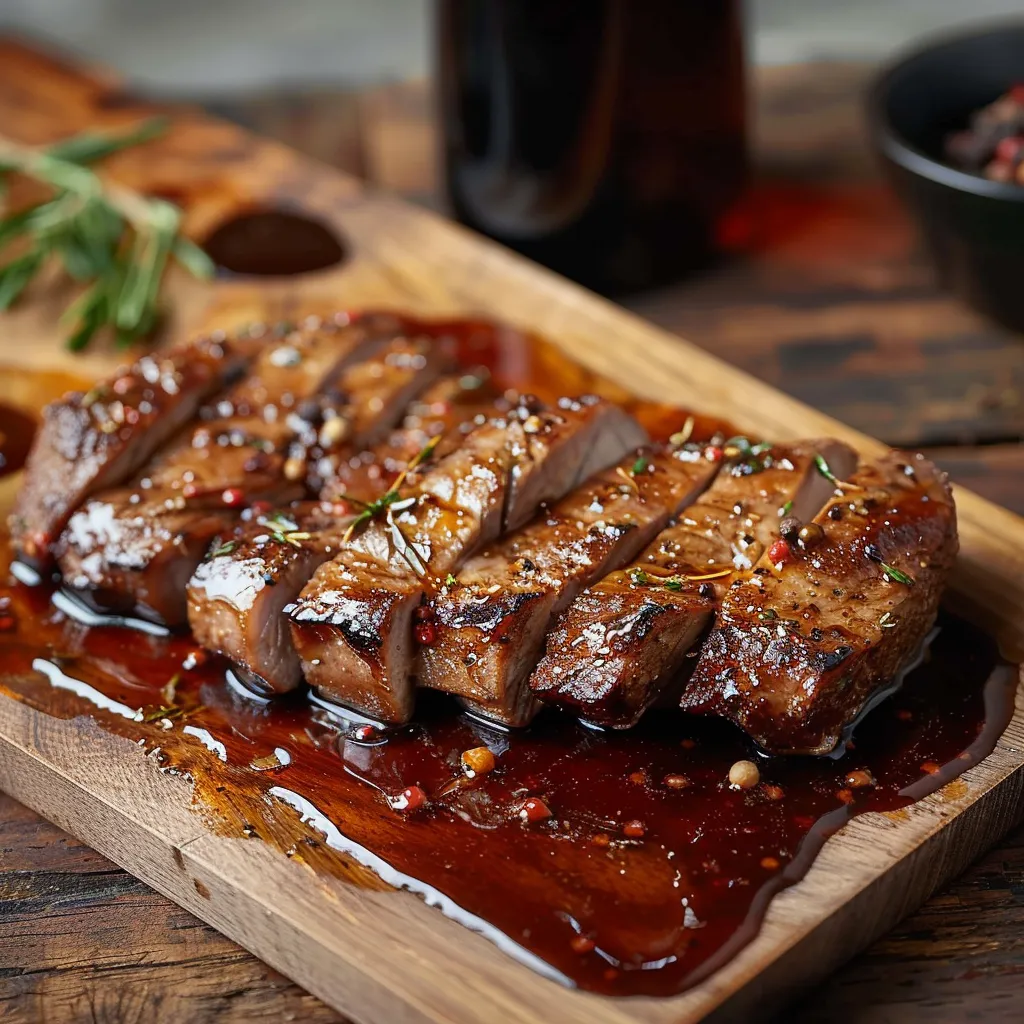 Carne assada em um pedaço de madeira com pequenas ervas.