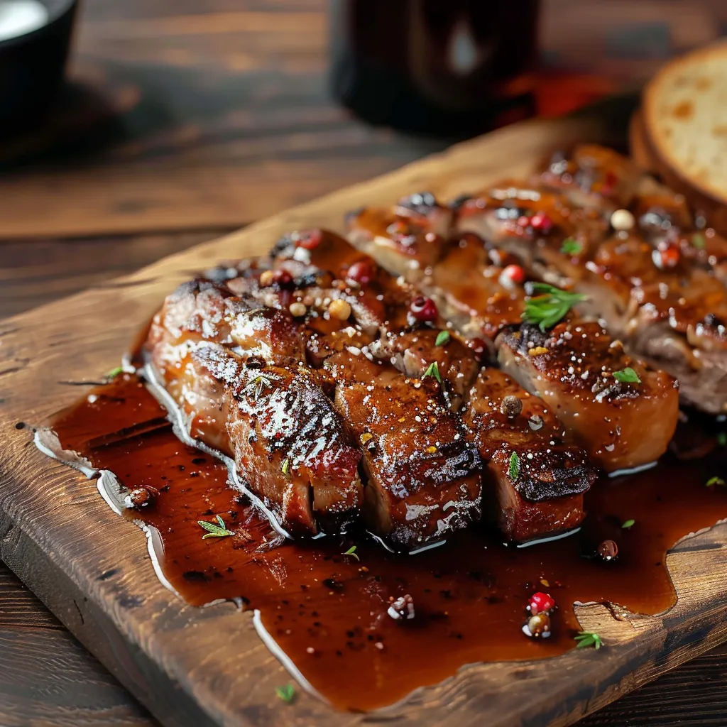 Carne assada em uma tábua de madeira com molho.