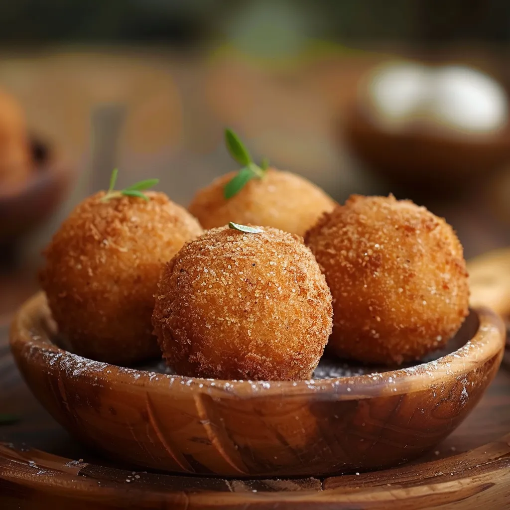 Quatro bolinhas de massa com folhas verdes no topo.