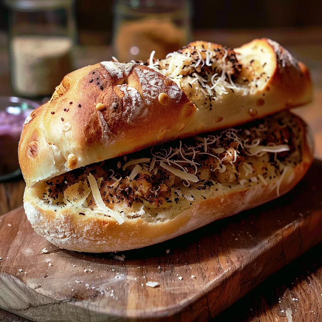 Um sanduíche com pão e carne.