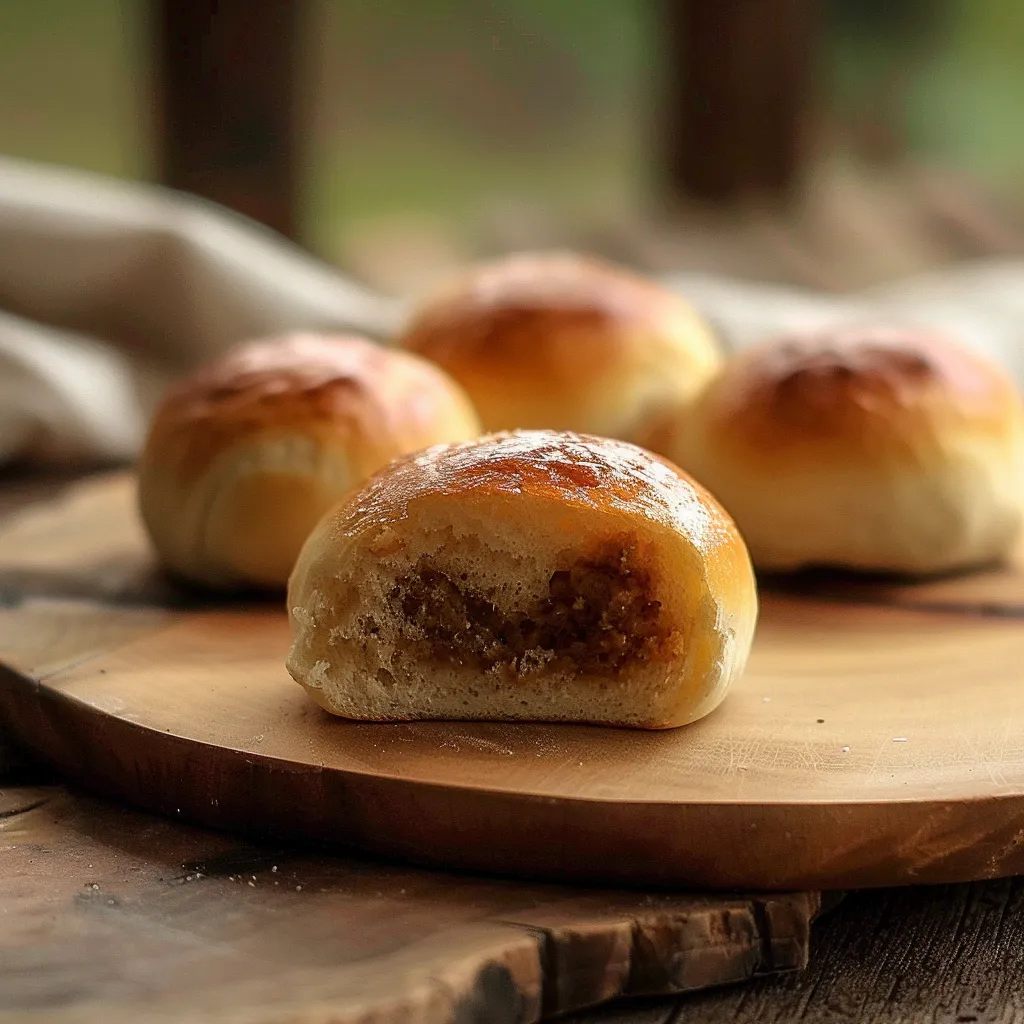 Quatro bolinhas de pão estão em uma tabela de madeira.