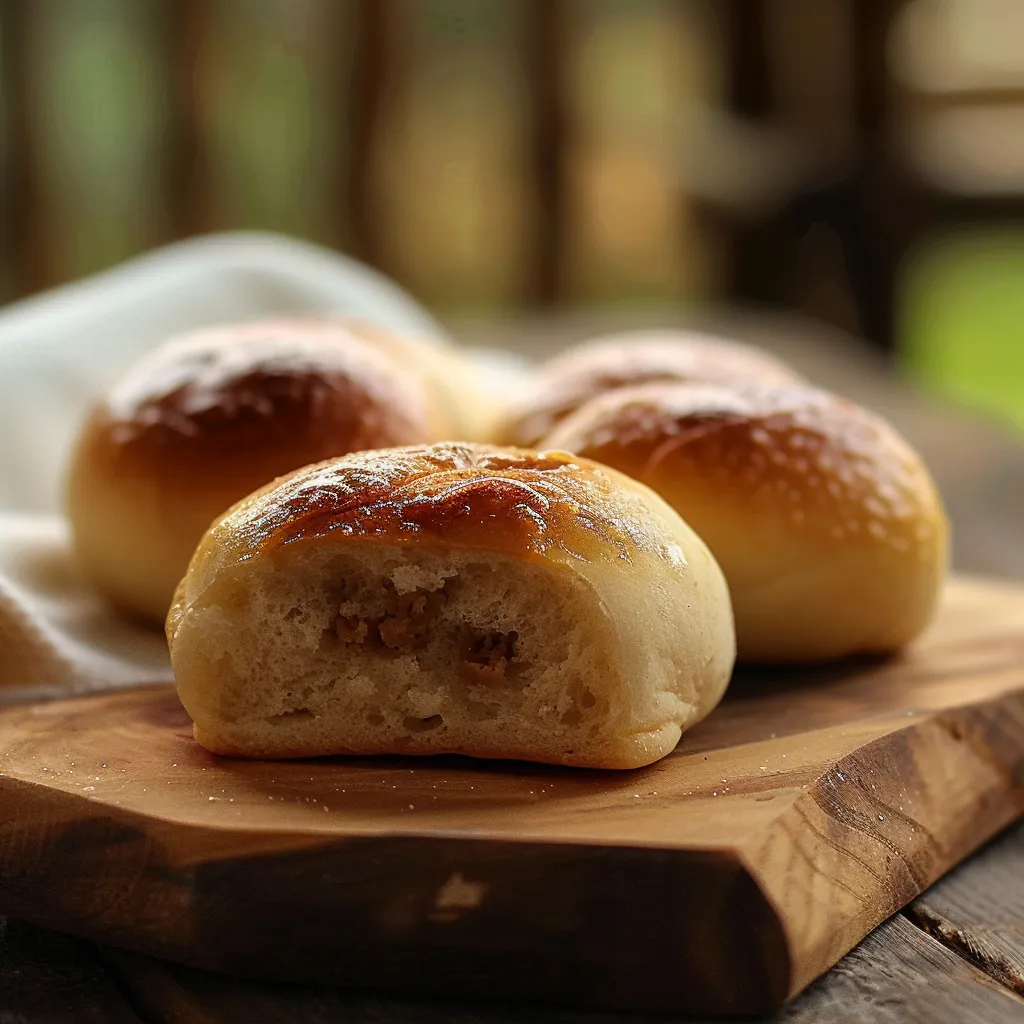 Três bolos de pão com manteiga e caramelo.