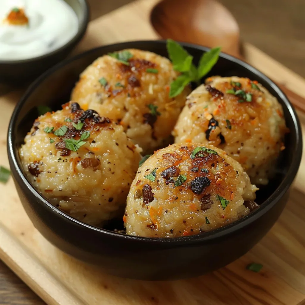 Um prato com quatro bolinhas de arroz com temperos.