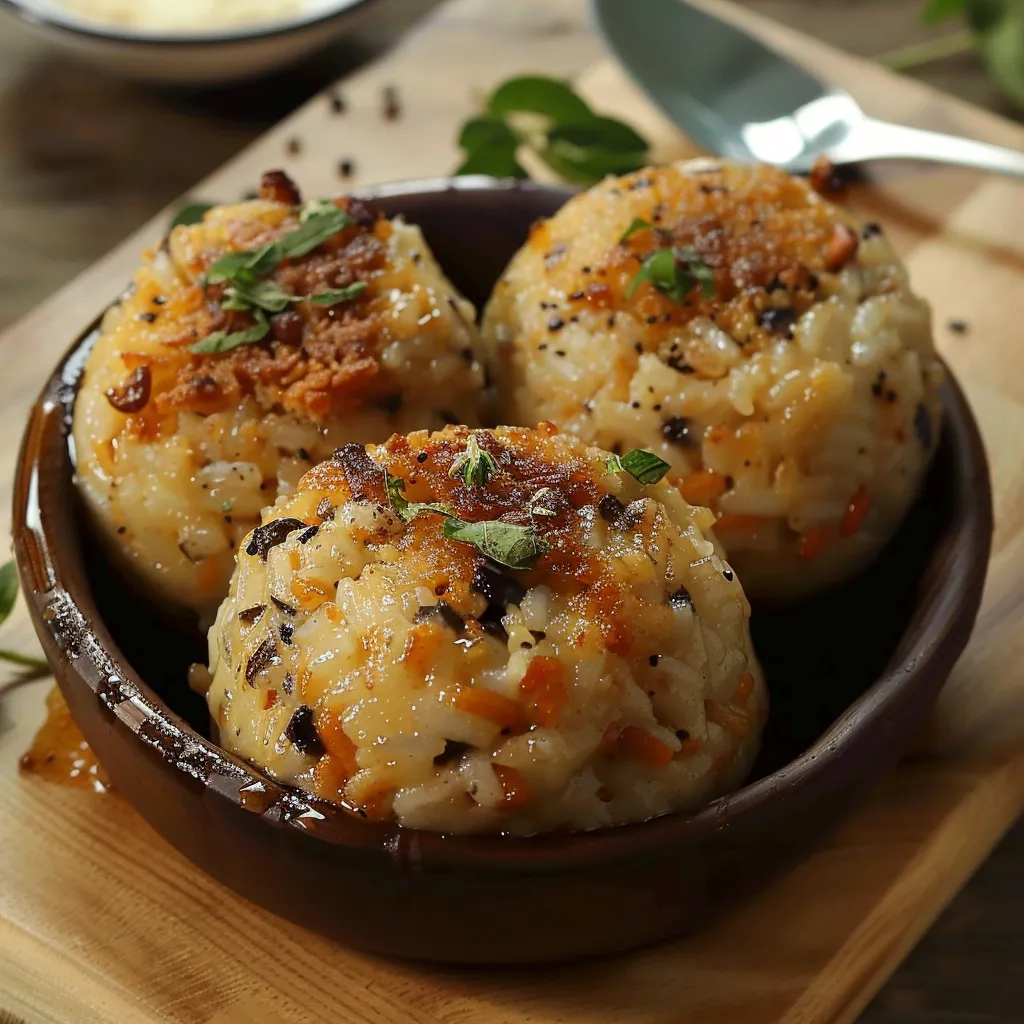 Três bolinhas de arroz com carne e ervas em um prato.