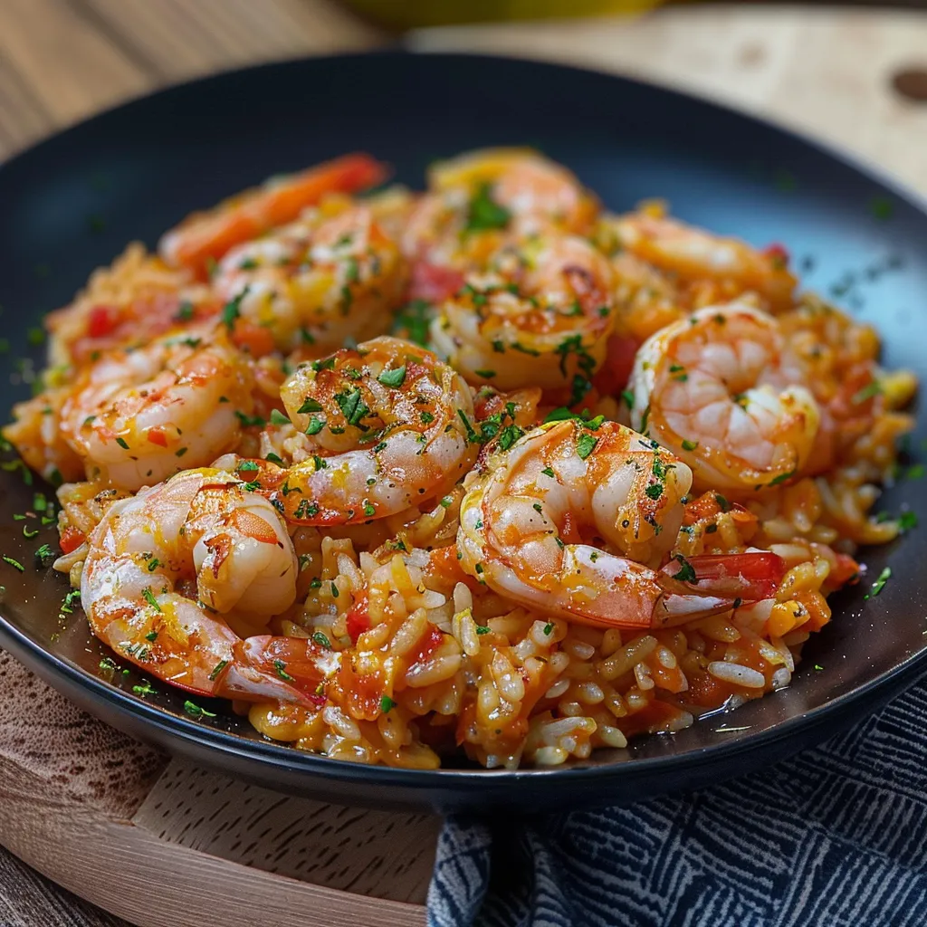 A imagem mostra um prato de arroz com camarões, com uma porção grande de camarões.