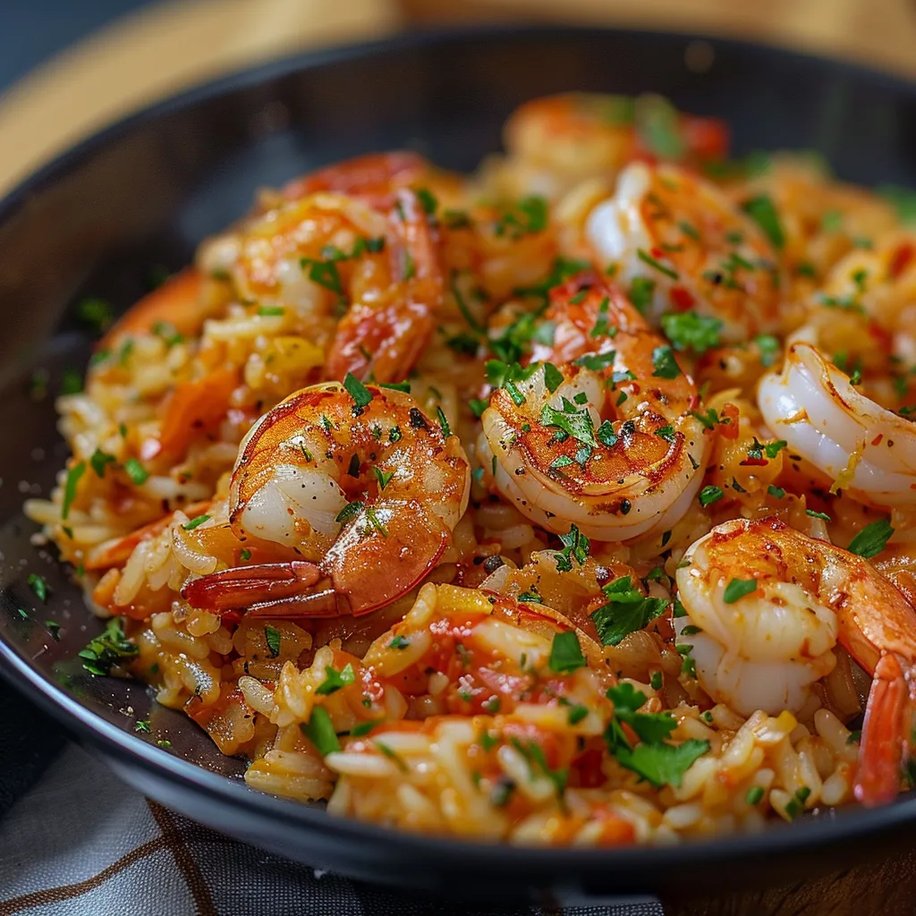 Arroz com camarões e cebola.