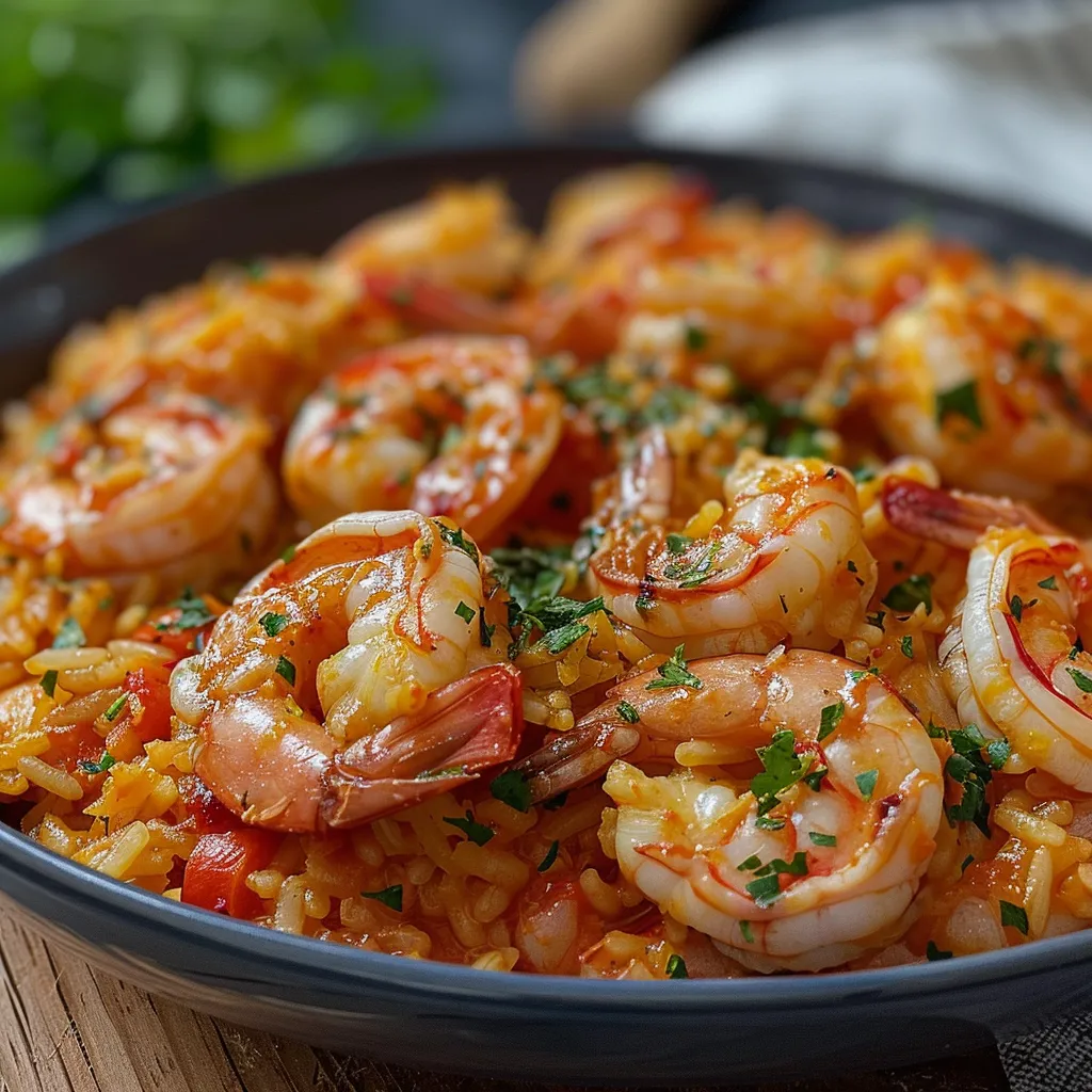 Um prato de arroz com camarões e cebola.
