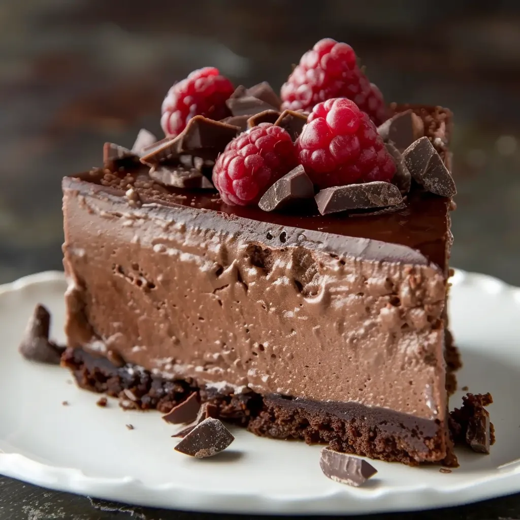 Um pedaço de chocolate com raspas de chocolate e raspas de frutas.