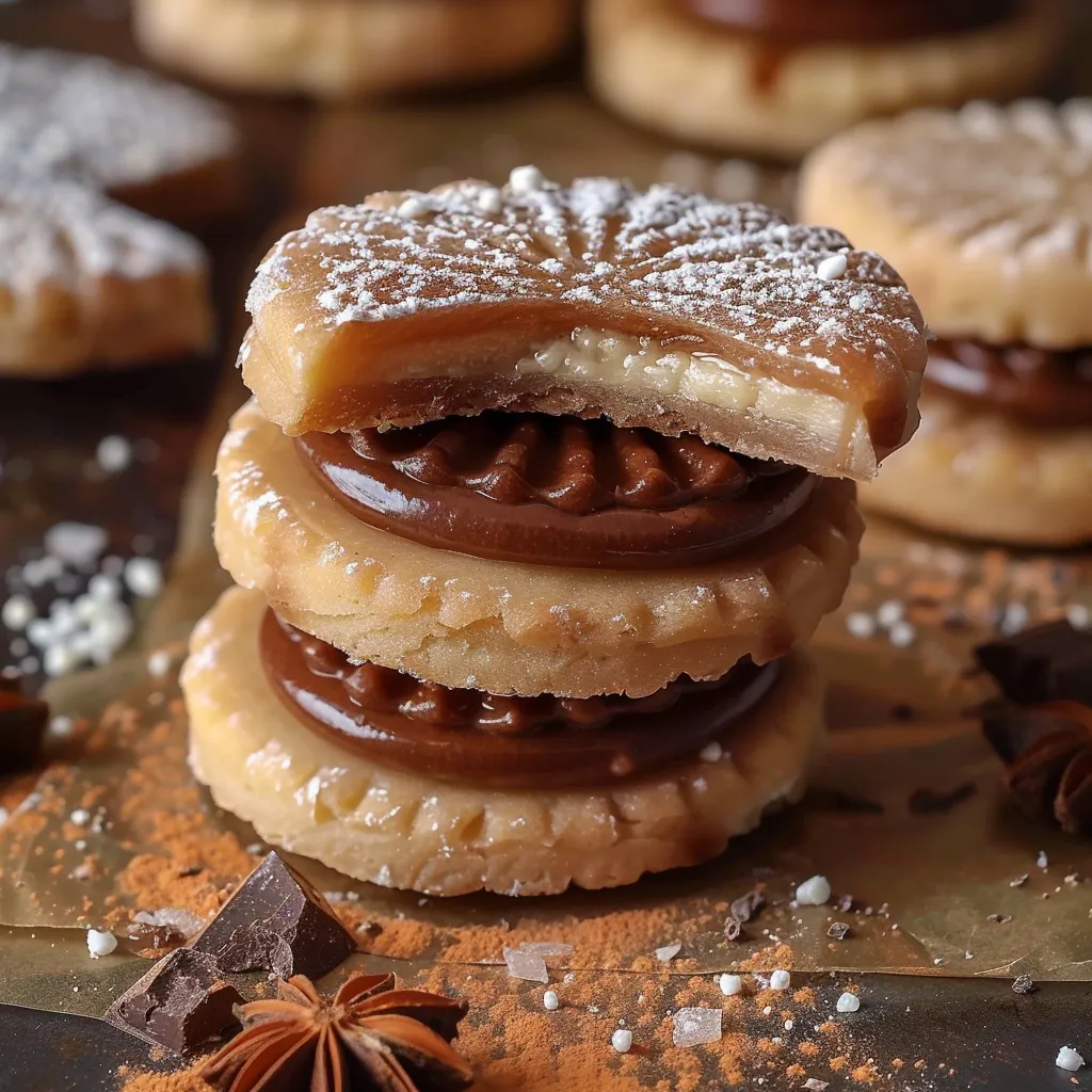Dois biscoitos com requeijão e chocolate.