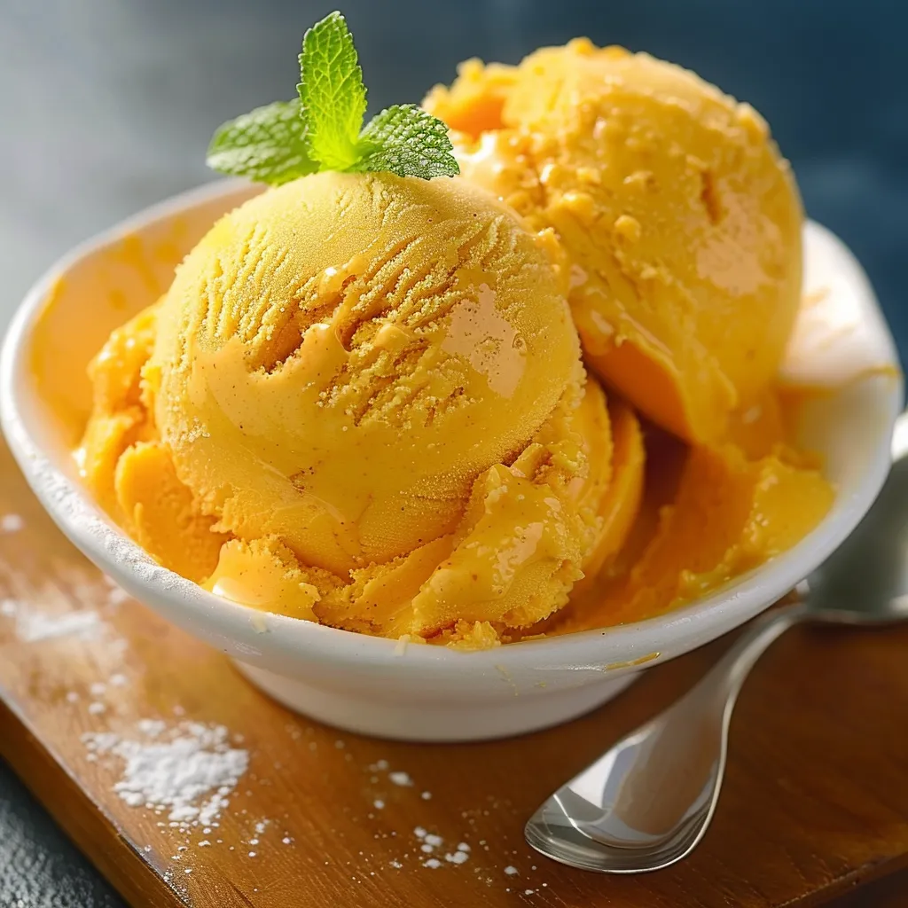 Um prato com dois pedaços de sorvete amarelo com folhas de menta.