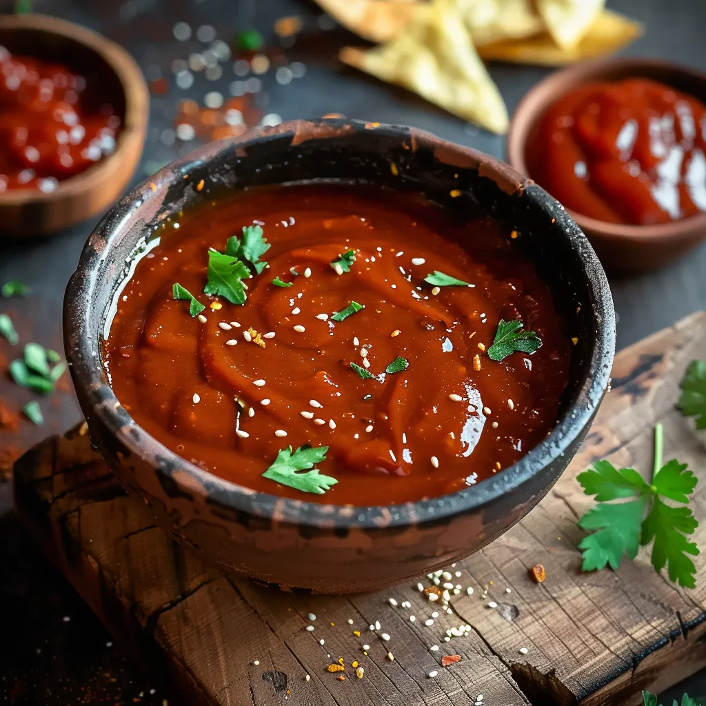 Um prato de salsa em um prato de cerâmica.