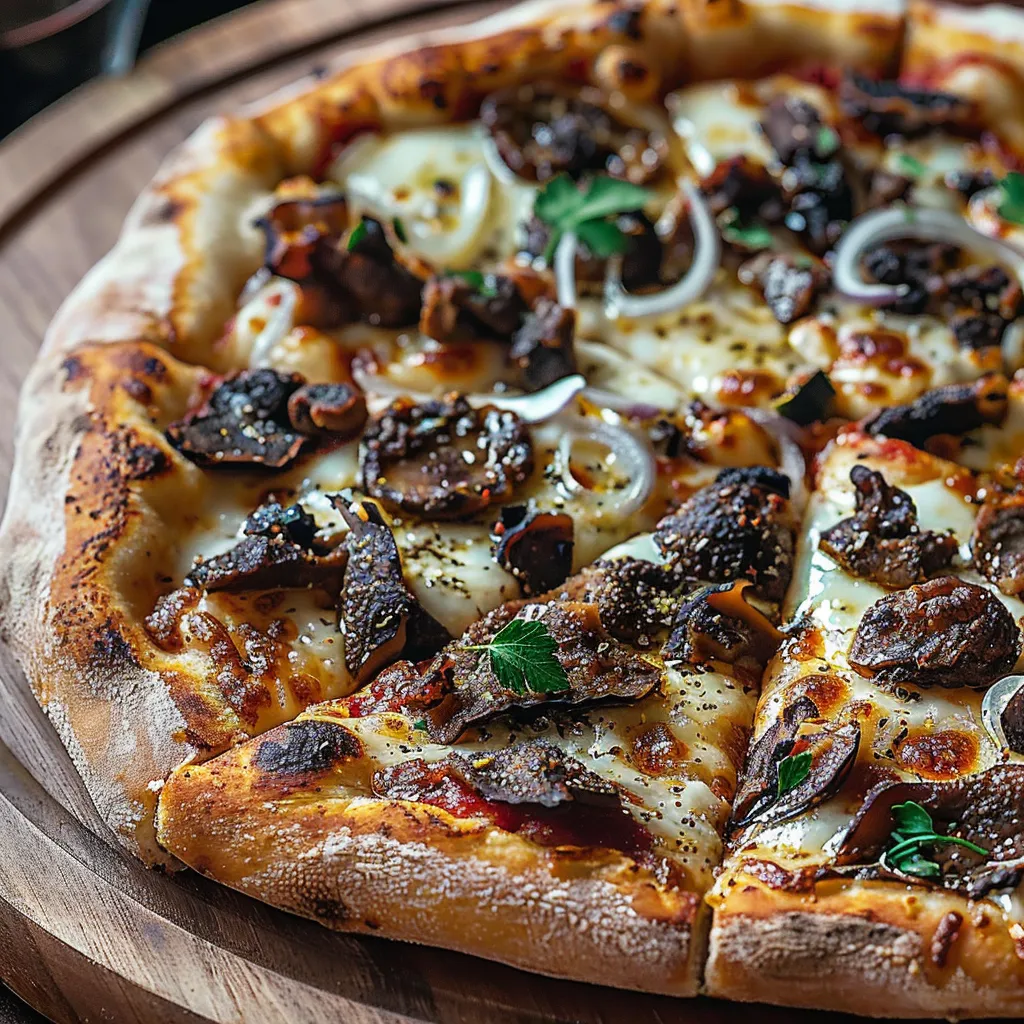 Pizza com carne e cebola.