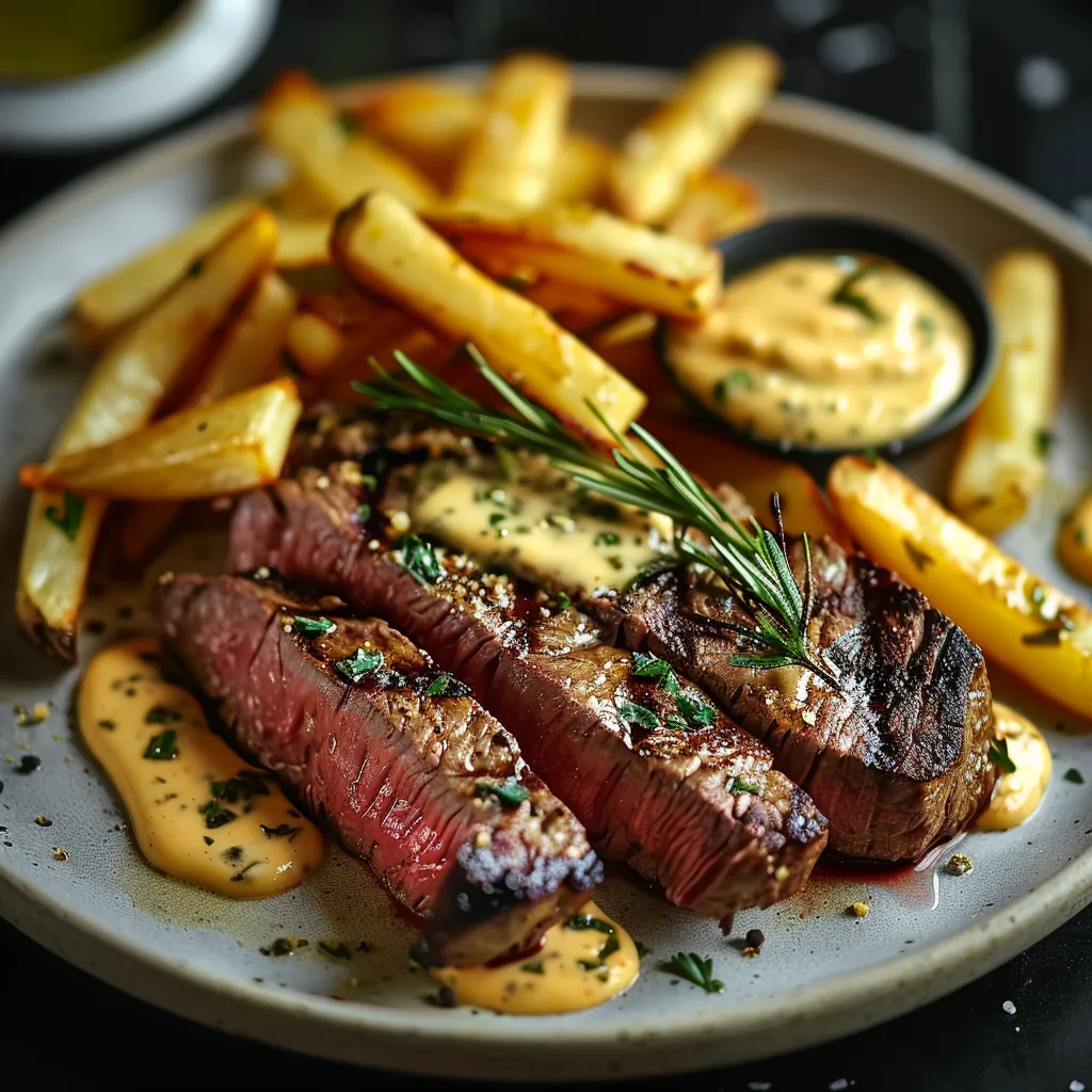 Carne assada com batatas fritas e salada.