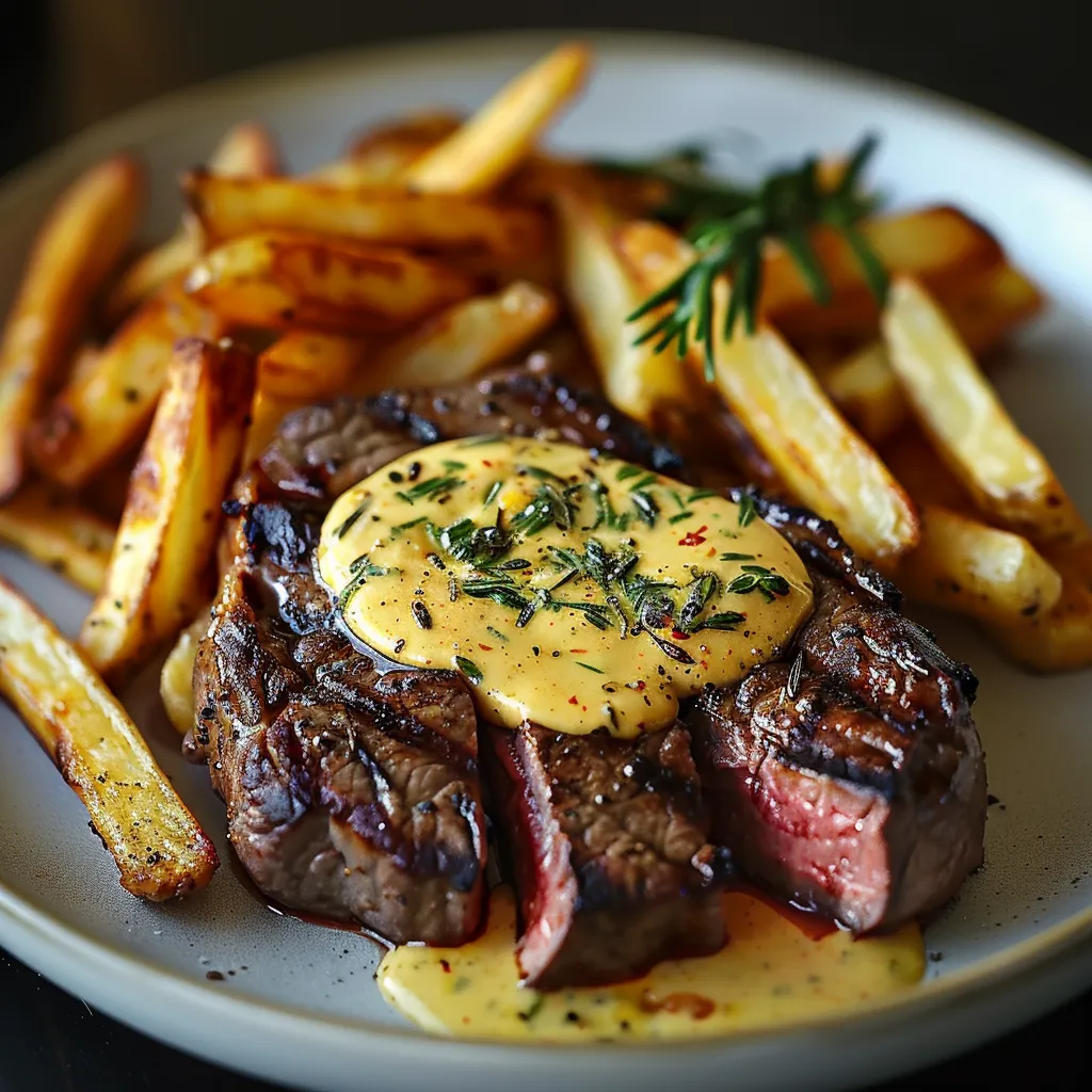 Carne com molho de alho e ervas, servida com papas fritas.
