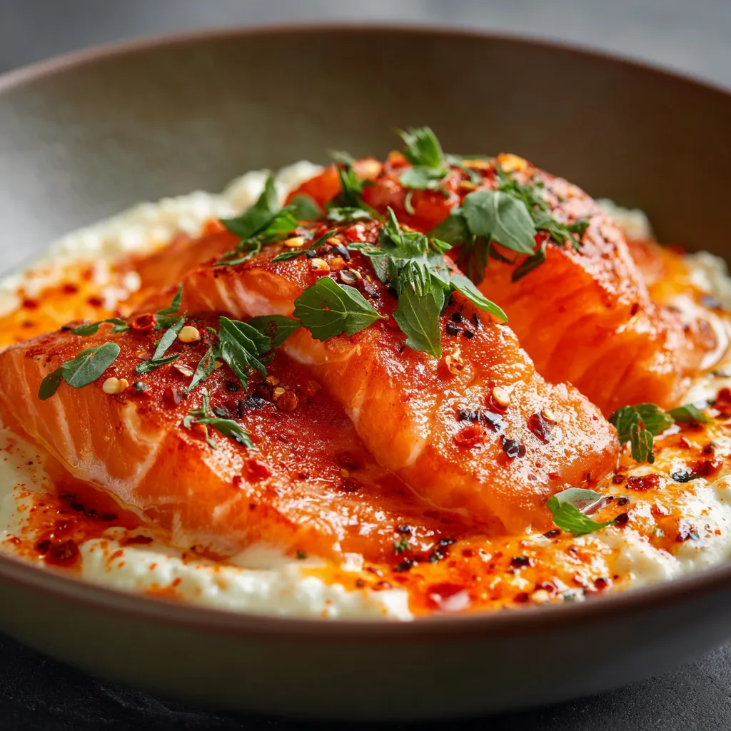 Salmão com ervas em um prato.