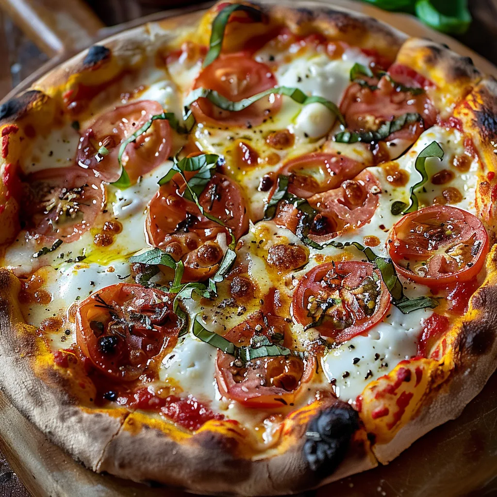 Pizza com tomate, cebola e queijo.