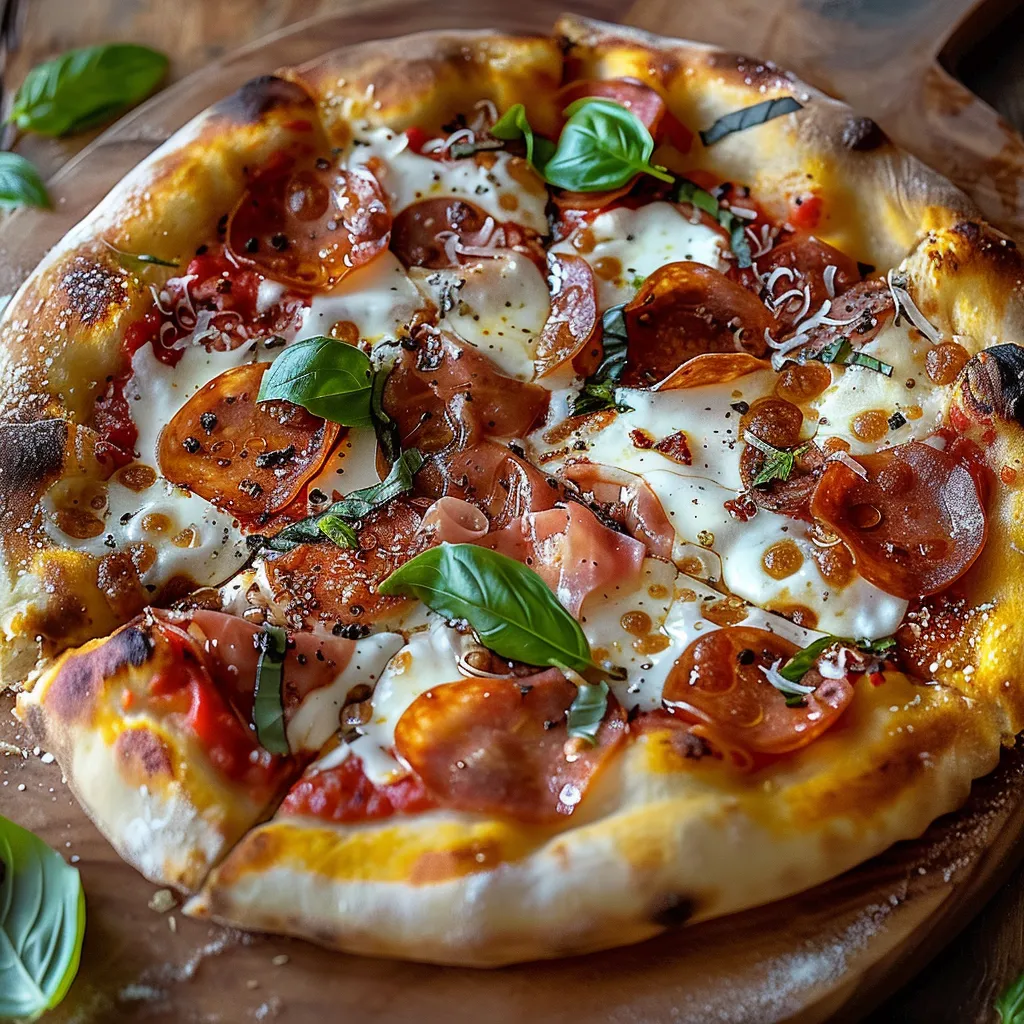Pizza com tomate, cebola e hortelã.