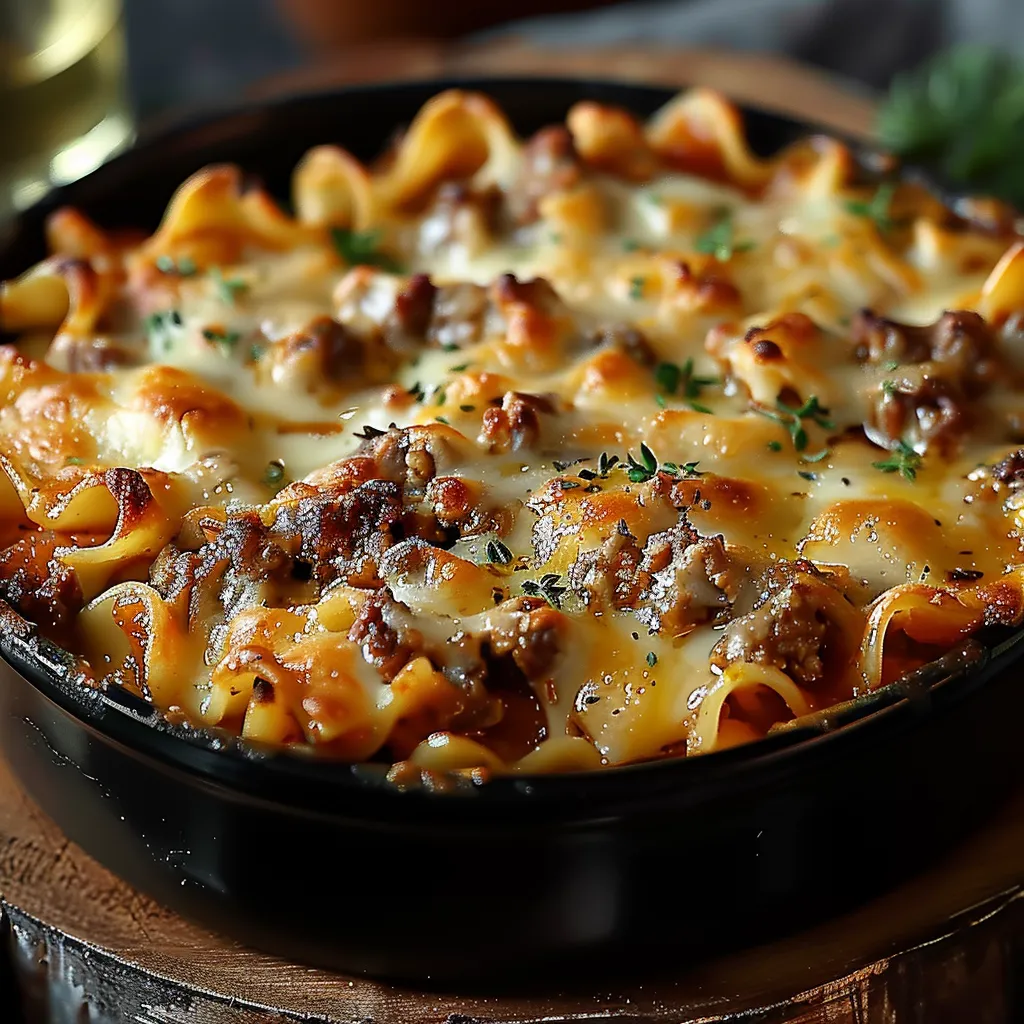 Um prato de macarrão com carne e queijo.