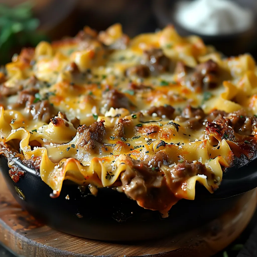 Um prato de macarrão com carne e queijo.