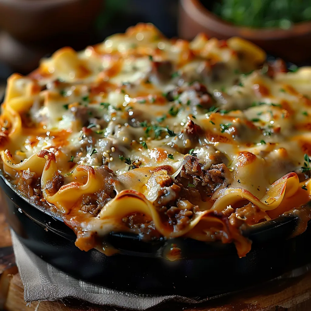 Pasta com queijo e carne em um prato.