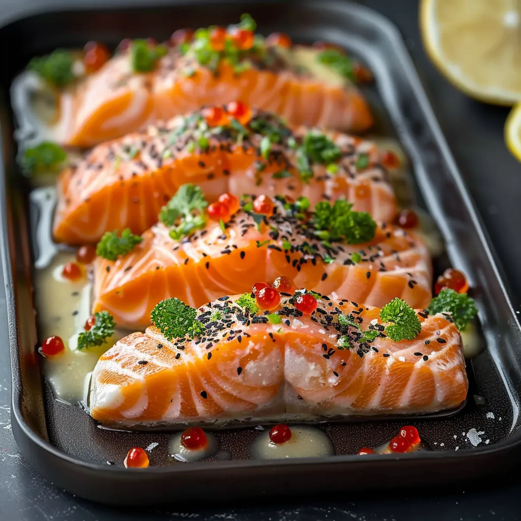 Salmão com ervas e peixe em um molho.