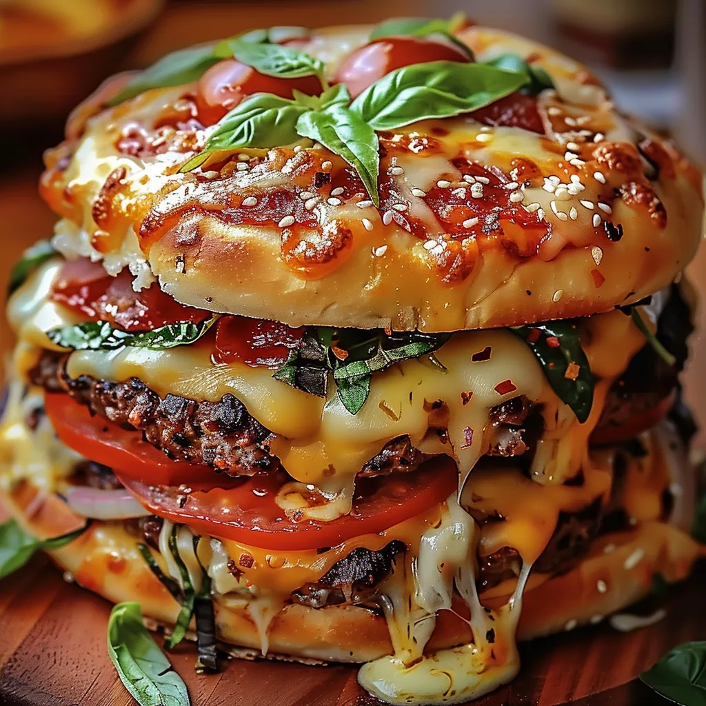Sanduíche com tomate, cebola, pizza e hamburguer.