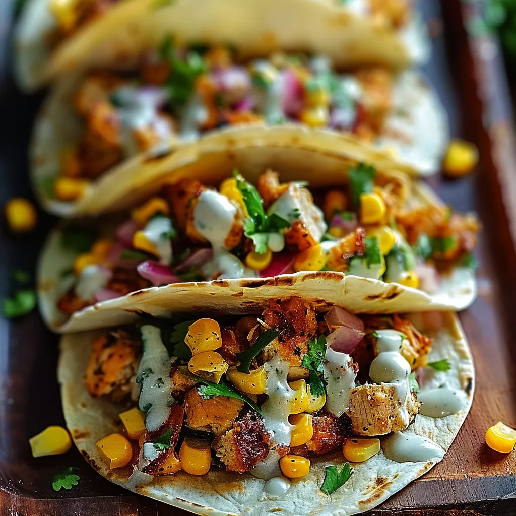 Quatro tacos de frango com vegetais.