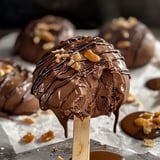 Um pedaço de chocolate com chocolate derretido e nozes.