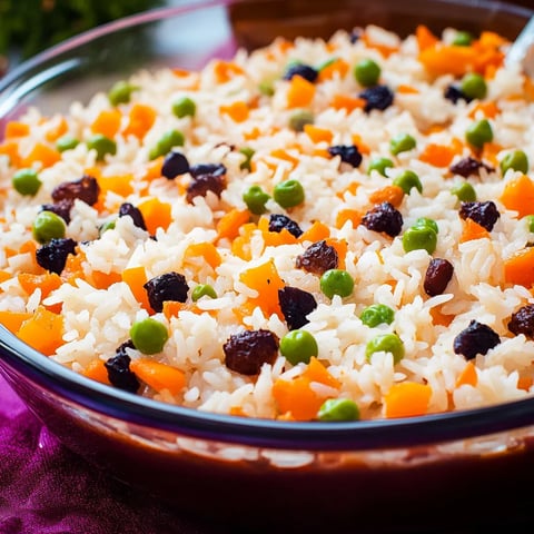 Um prato de arroz com frutas e legumes.