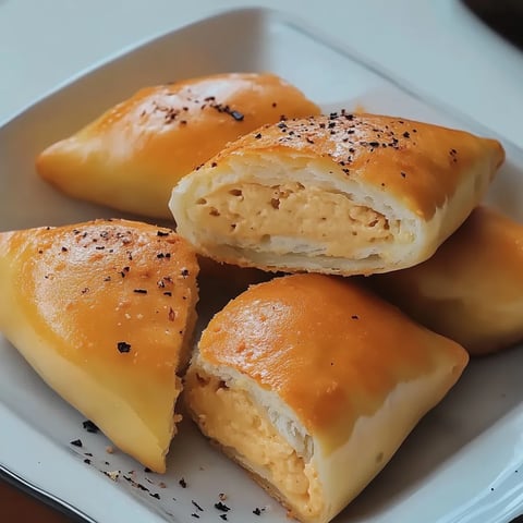 Quatro pastéis de frango com pimenta e cebolinha.