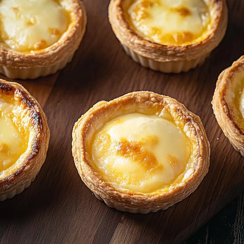 Quatro pastéis de queijo em uma tábua de madeira.