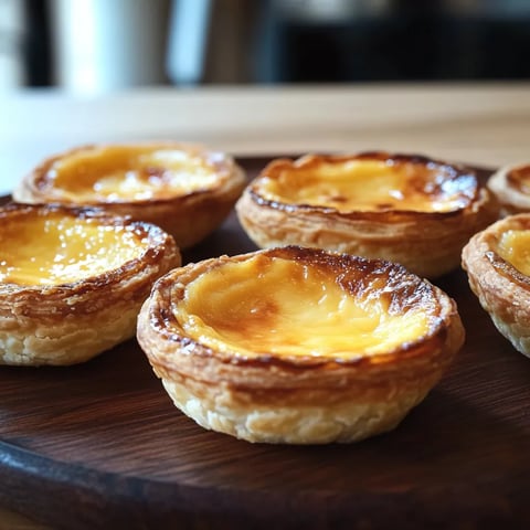 Quatro pastéis de nata em uma tábua.